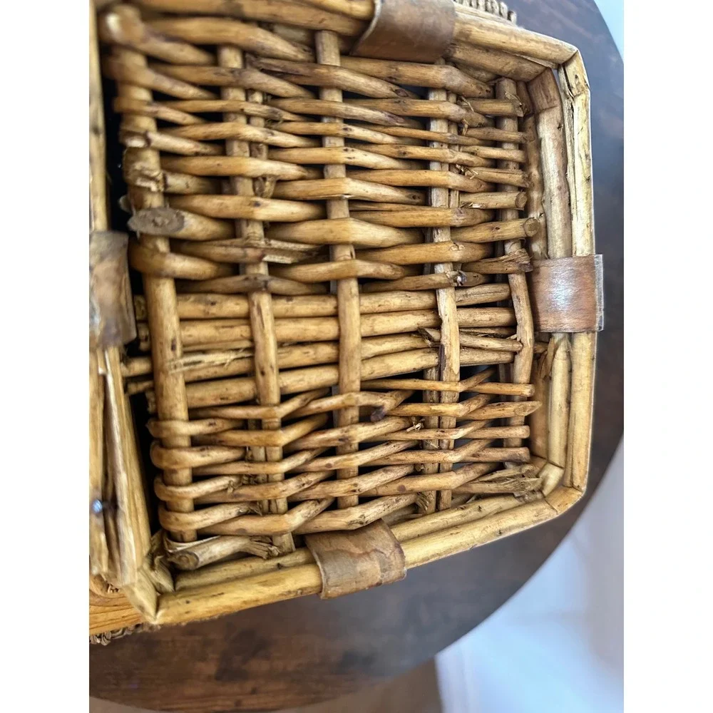 Vintage Tiered Wicker Basket Square Rattan Seagrass Rope Edge Boho Decor Bowl